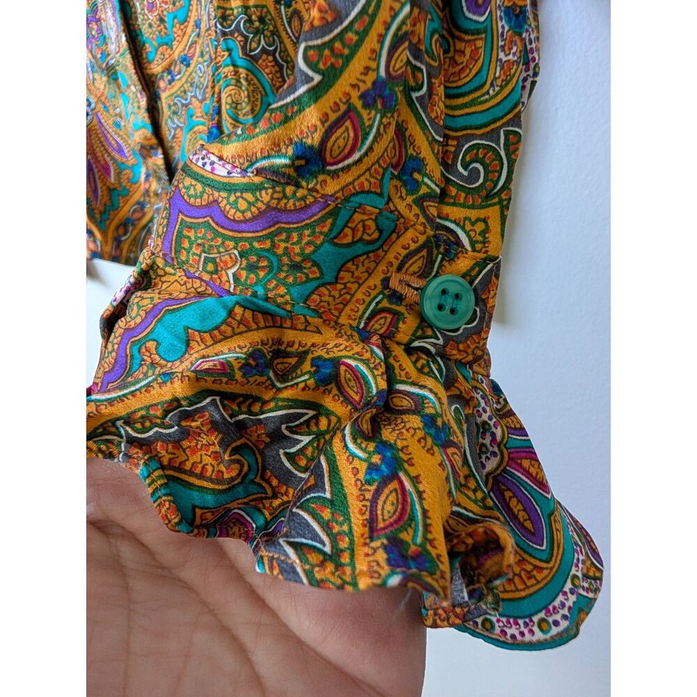 Vintage 90s Silk Paisley Blouse Size 8 Jewel Tone Boho Luxe Button Front Top - Picture 5 of 7